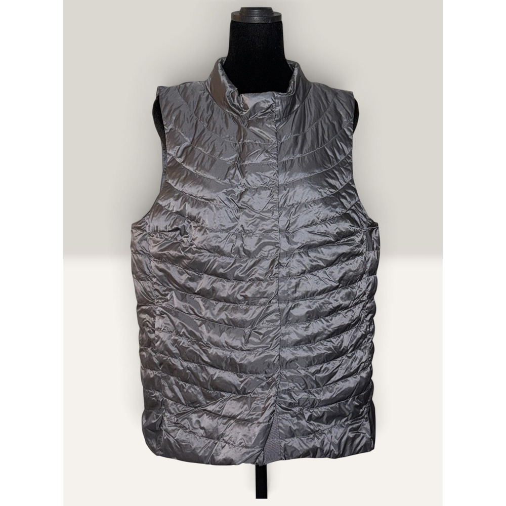 Athleta Womens Large Gray Goose Down Puffer Vest Metallic Quilted High Neck L